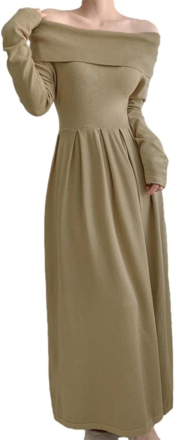 ロングニットワンピース オフショルダー レディース フィット＆フレア 長袖 ボックスプリーツ コーディネート キレイメ エレガンス レディライク シルエット 無地(ベージュ, M)