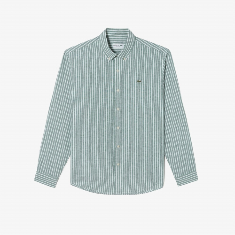 LACOSTE メンズリネンストライプシャツ [グリーン]