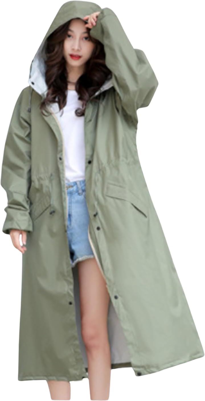 選べる着丈2種類／膝丈/ロング丈 レインコート おしゃれ レディース 通勤 通学 かわいい 撥水 防水 フード 自転車 バイク 梅雨 袋付き 長め(ロング丈/カーキ, M)