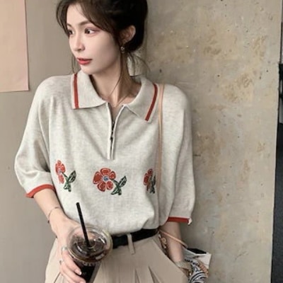 トップス カットソー 半袖 襟付き ファスナー かわいい 大人可愛い シンプル カジュアル おしゃれ