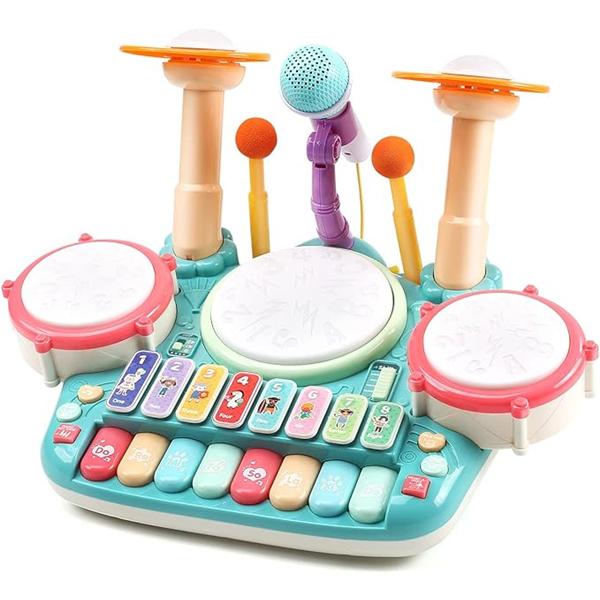 おもちゃ 楽器 ピアノモード 4種類 5in1遊び方 知育玩具 ドラムモード プレゼント ドラムセット ライト効果 ピアノ マイク付き 鍵盤楽器 子供おもちゃ