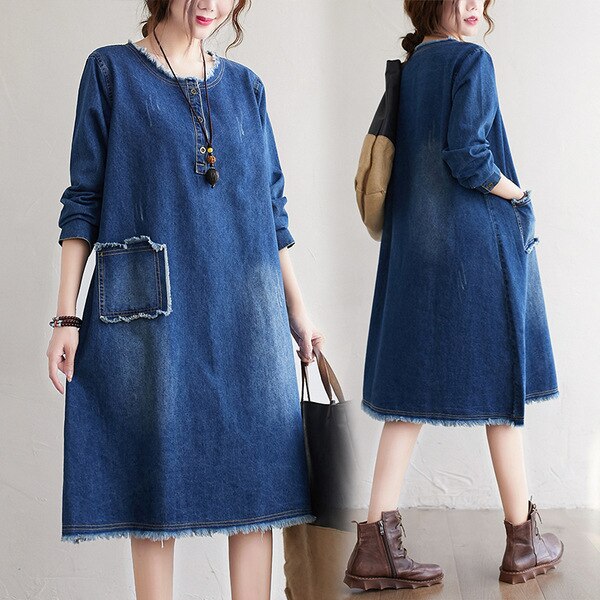 年秋韓版ラージサイズルーズラウンドネックホワイトポケットユーズド長袖デニムドレス