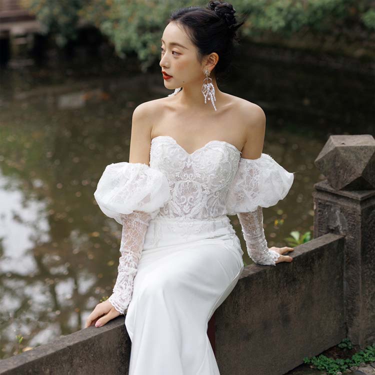 ウェディングドレス ハイウエスト 二次会 結婚式 花嫁 オフショルダー レース ブライダル 演奏会 披露宴 ロング ウエディングドレス 発表会 コンサート 大きいサイズ フォーマル 前撮り リゾート