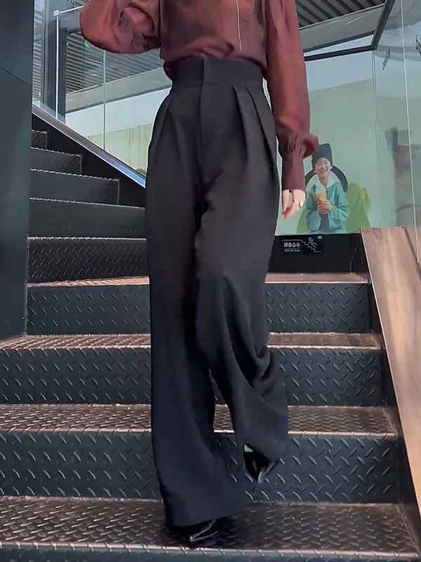 レディース ファッション オシャレ カワイイ シンプル 人カワイイ きいサイズ 黒 ワイド レッグ パンツ ハイウエスト スリム カジュアル ストレート スーツ