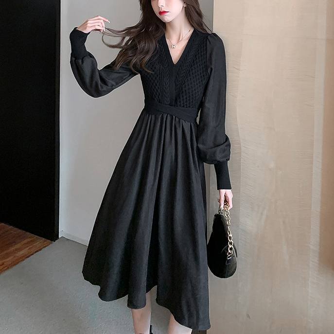 ワンピース フレアワンピース 膝下 ミモレ ミモレ丈 袖あり 長袖 ボリューム袖 パフスリーブ 萌袖 Vネック フレア 切り替えデザイン ドッキング リボン ウエストマーク ウエストリボン