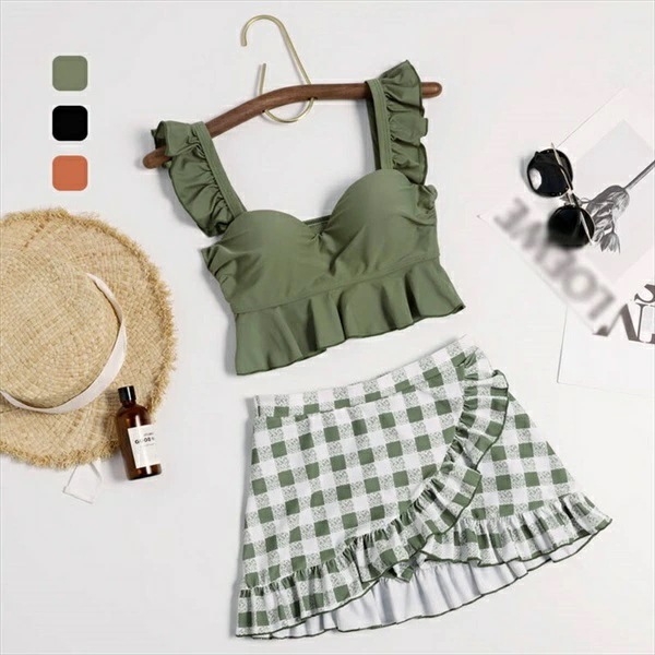 水着 服みたいな フリル チェック柄 タンキニ 上下セット レディース ビキニ かわいい セクシー 韓国風 大人 可愛い M L XL 2XL キャラメル ブラック グリーン 夏 温泉 プール 海の