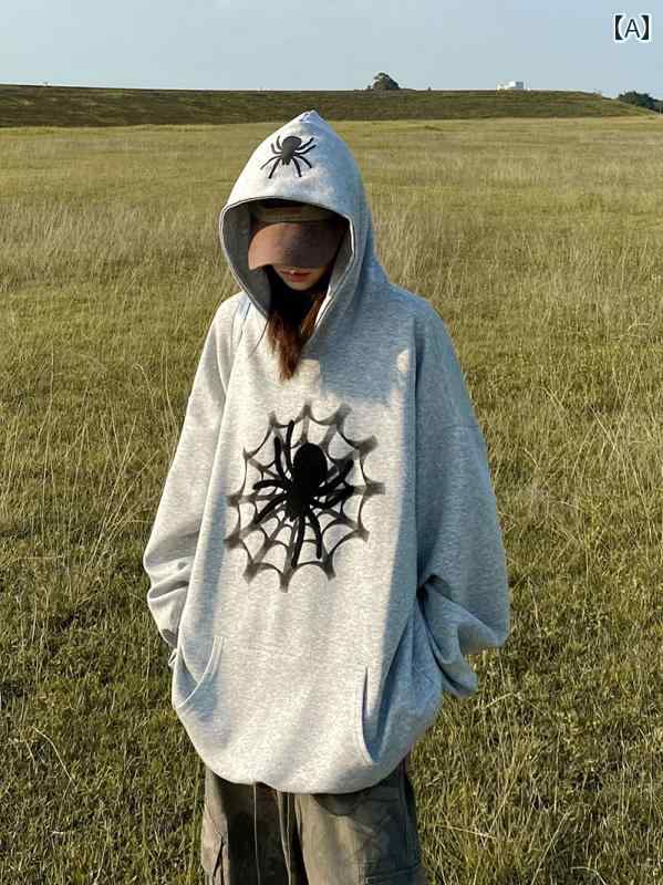 パーカー レディース カジュアル アメリカン レトロ スパイダー プリント フード スウェットシャツ 秋 オーバー サイズ パーカージャケット