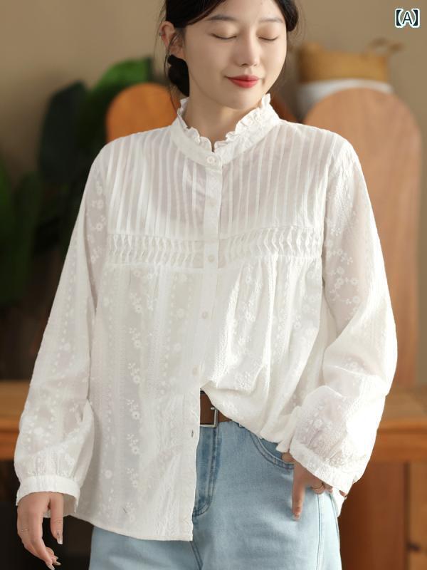 レディース　　Tシャツ　 レトロ 刺繍 コットンシャツ レディース 春秋 2025 アコーディオン プリーツ 長袖 シャツ カジュアル トップ