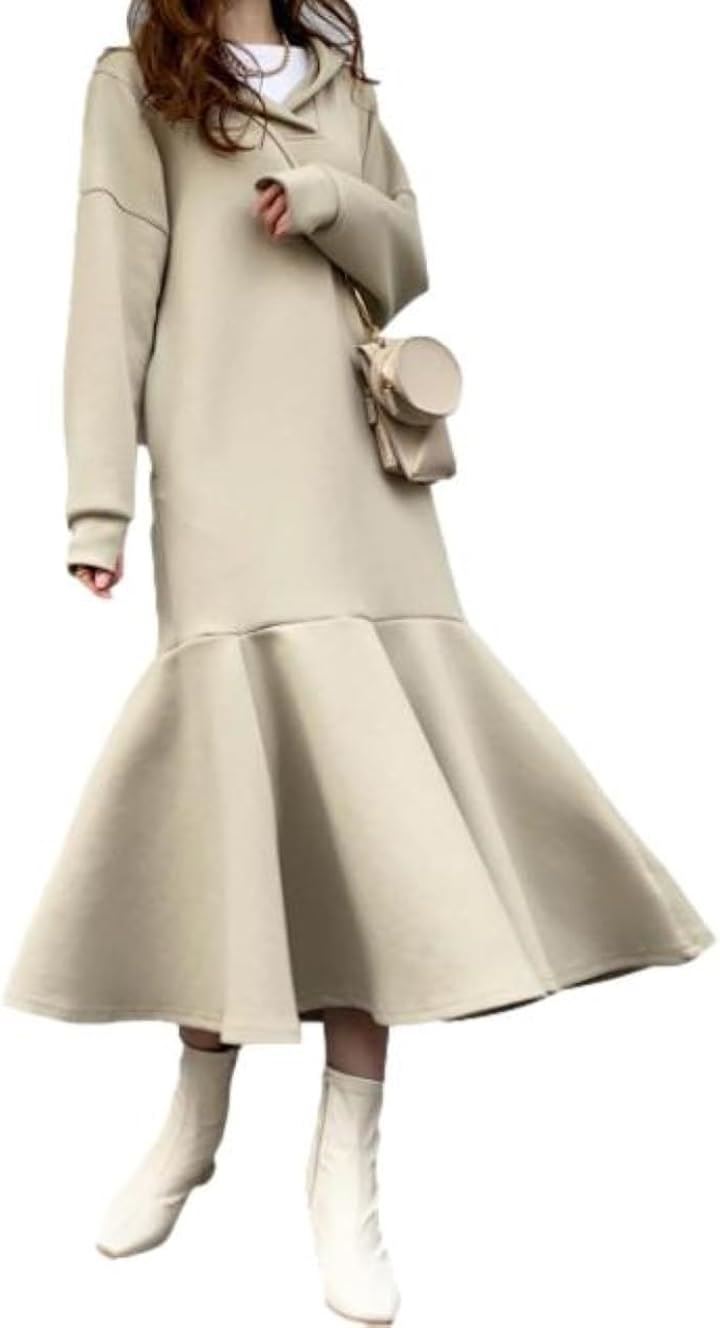 ワンピース レディース マーメイド ミモレ丈 フード付き パーカー Vネック 長袖 ポケット付き パーカーワンピース お家コーデ ママワンピ オフィスカジュアル 簡単(ベージュ, M) 7,480円