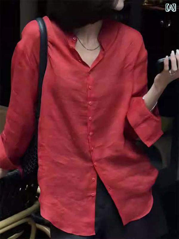 レディース　　シャツ　トップス リネン 日焼け防止 シャツ レディース 2025 夏 薄手 スタンドカラー ショート コットンリネン カーディガン トップス