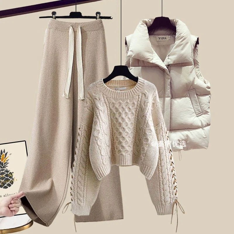 新作 シンプル 気質 セットアップ セーター ワイドパンツ ベスト 三点セット 百掛け 着痩せ ニットセットアップ 大きめサイズ