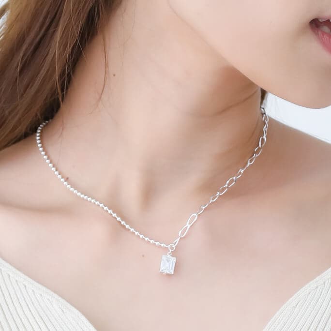 ネックレス シルバー925 ジルコニア ボールチェーン アシメ ショートネックレス チェーンネックレス カジュアル レディース ジュエリー アクセサリー 大人 大人かわいい デイリ