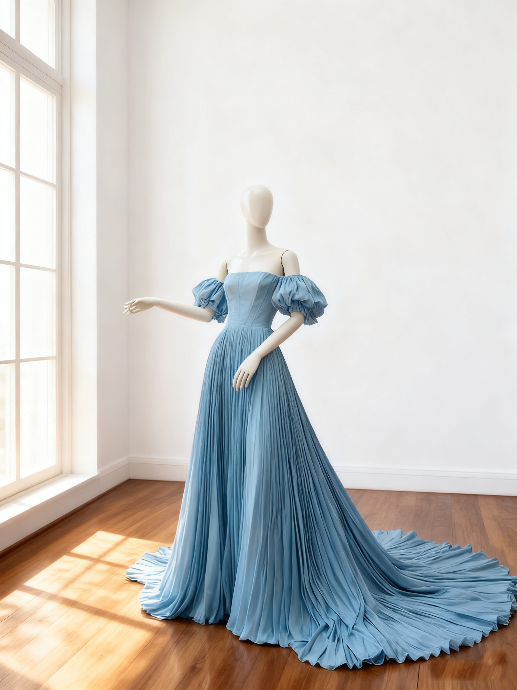 カラードレス ブルー 取り外し可能な付け袖 スリット 華やかなトレーン 花嫁 前撮り