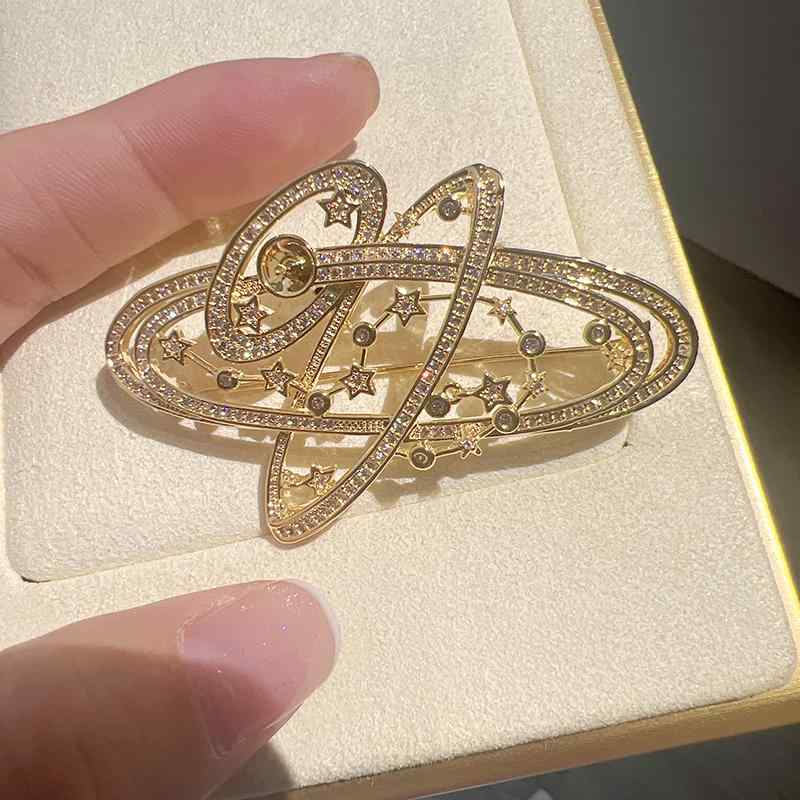 DIY アクセサリー パールなし 空ホルダー 半完成 惑星 宇宙 スター ブローチ 銅 金メッキ キュービックジルコニア ラインストーン ライト 高級感 女性 パール コサージュ 空ホルダー