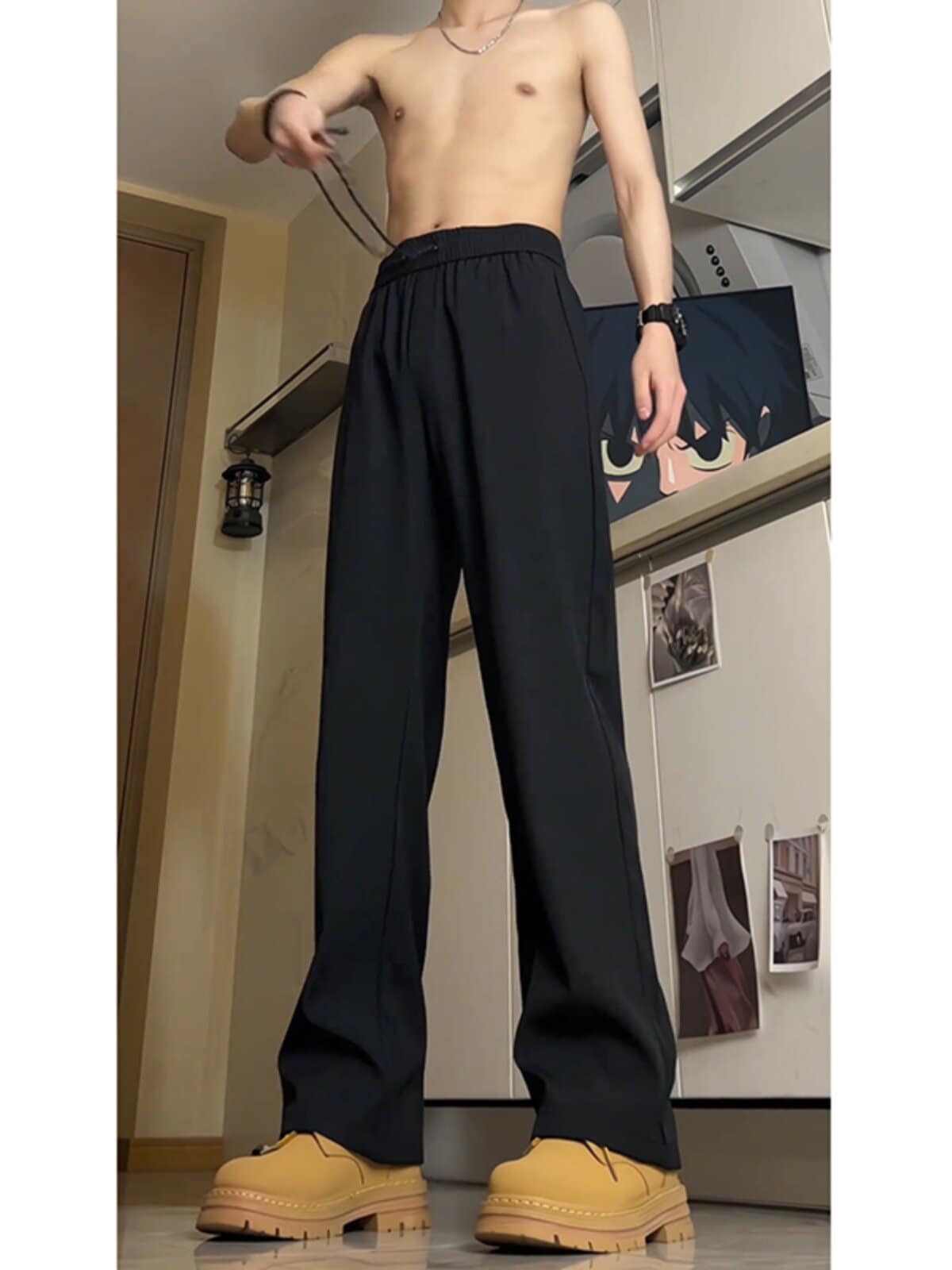 黒のメンズ春秋用ストレートフィットスリムワークパンツバイブカジュアルパンツ