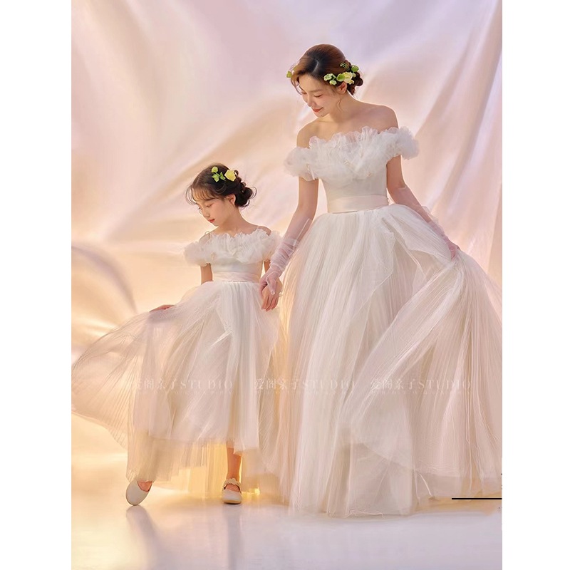 親子 ウェディングドレス オフショルダー 高級感 綺麗 ドレス ワンショルダー フリル パーティー フォーマル イブニングドレス 演奏会 ウェディング 発表会 成人式 ロングドレス 司会者 撮影