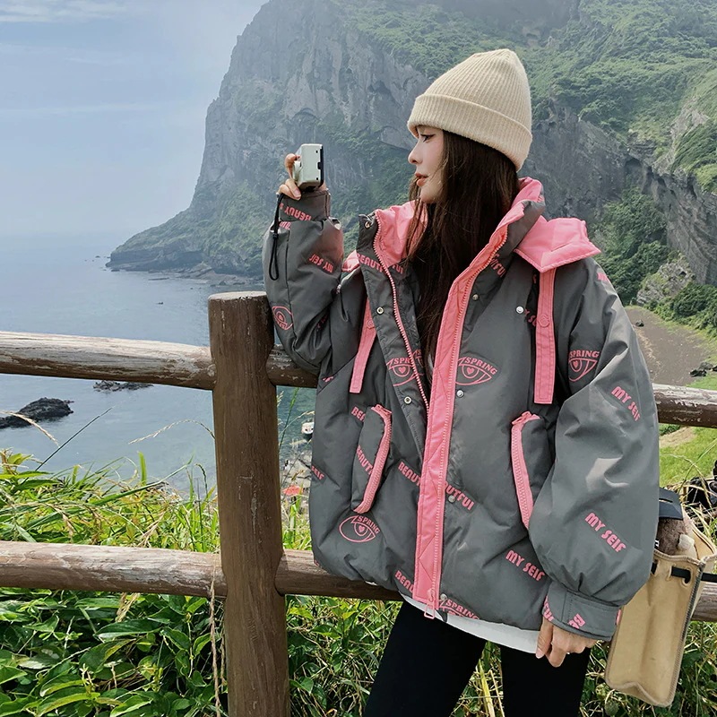 ファッションフードショートダウンジャケット2024新しい衝突の文字がプリントされた小さな90白いダックダウンジャケット