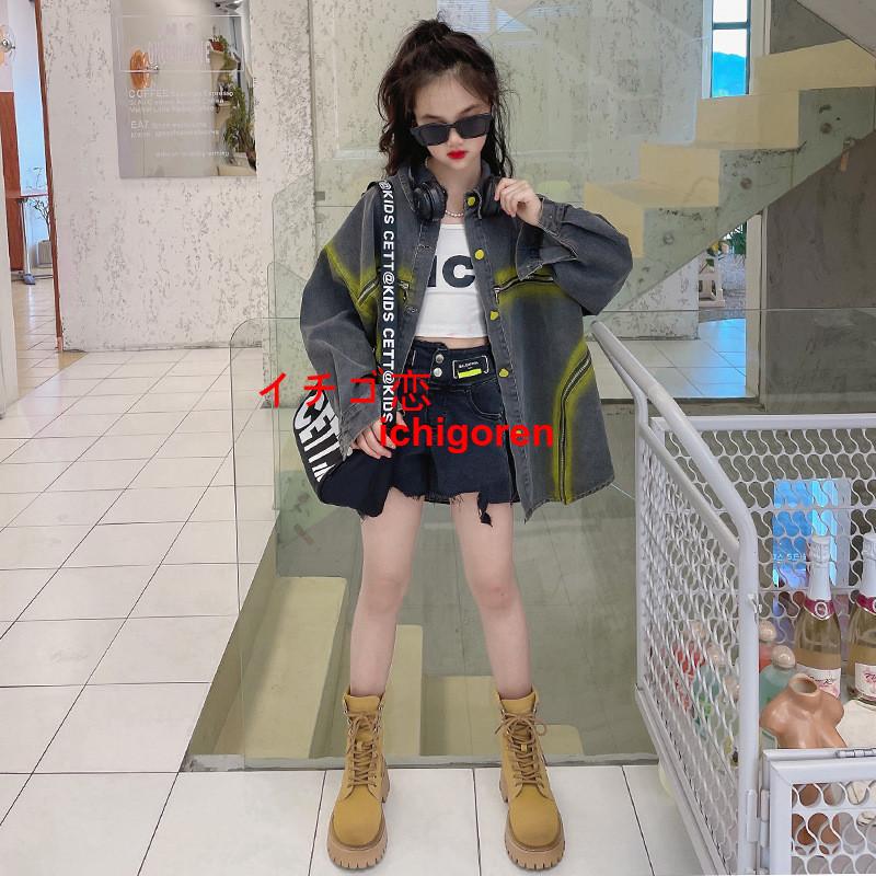 韓国子供服 キッズ 女の子 トップス アウター ファッション 個性 子供 春秋 デニムジャケット 長袖ミドル丈 カジュアル 可愛い 女児 お出かけ 通学着 普段着