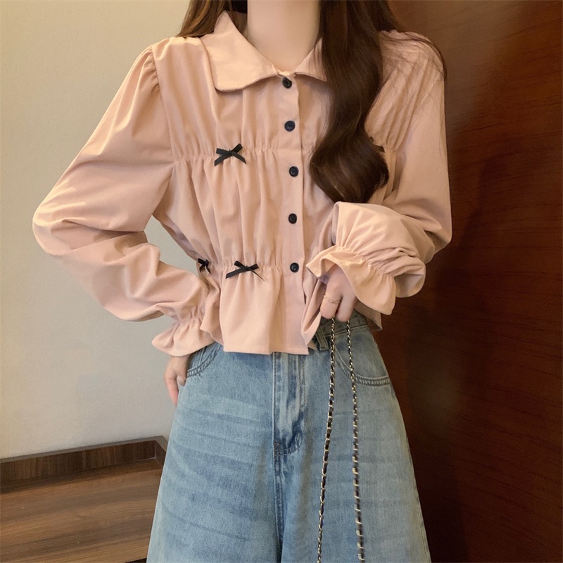 ブラウス トップス 襟付き 長袖 ギャザー リボン 前開き キャンディースリーブ 長袖 大人可愛い シンプル 上品 お洒落 こなれ感 無地 10代 20代 30代 40代 オフィス ビジネス OL 通