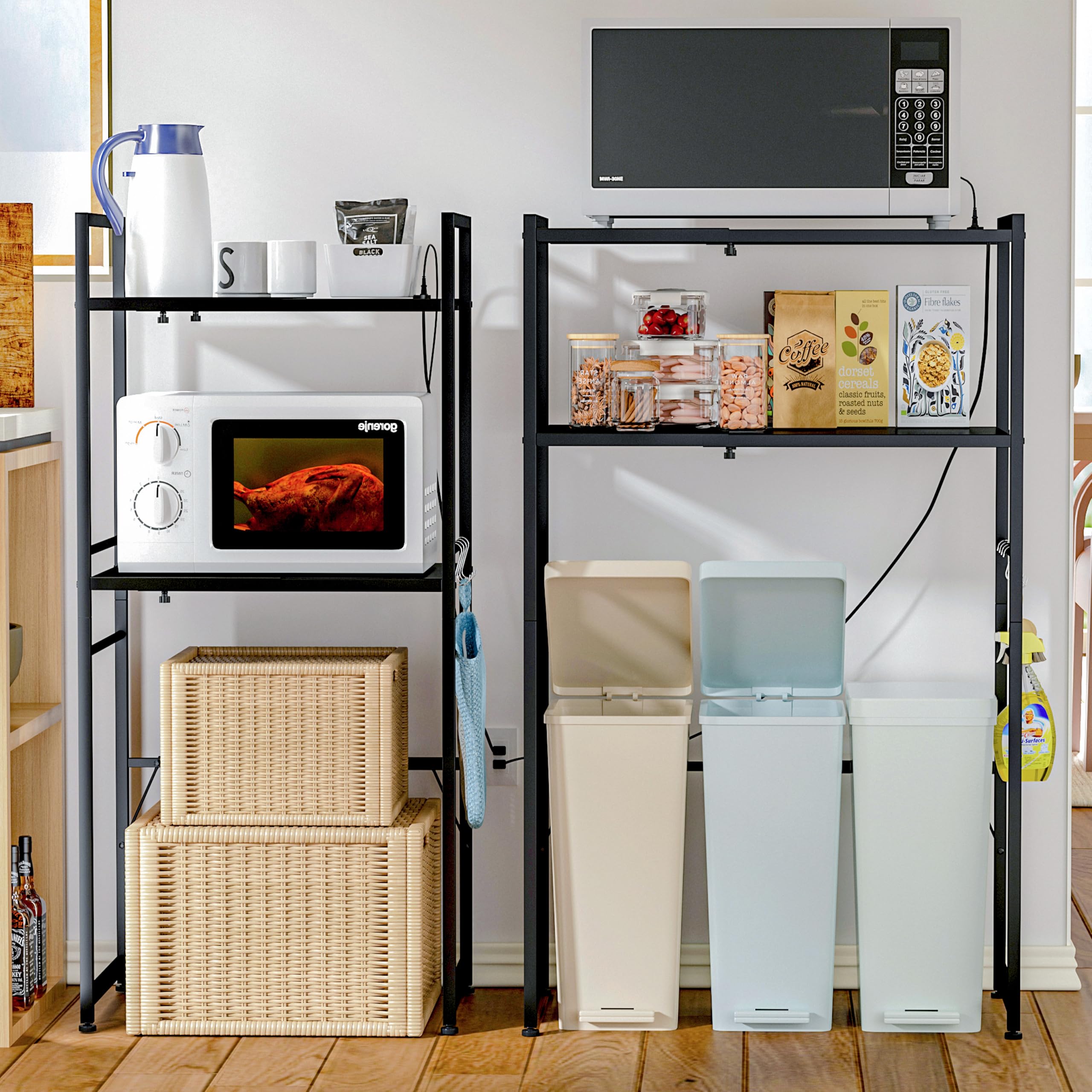 ゴミ箱上ラック 多機能横幅伸縮できるコンセント付きキッチンベイカーラックキッチンラックレンジ台オーペンラックゴミ箱収納プリント台ラック可動式棚板多段調整Sフック付き ブラック