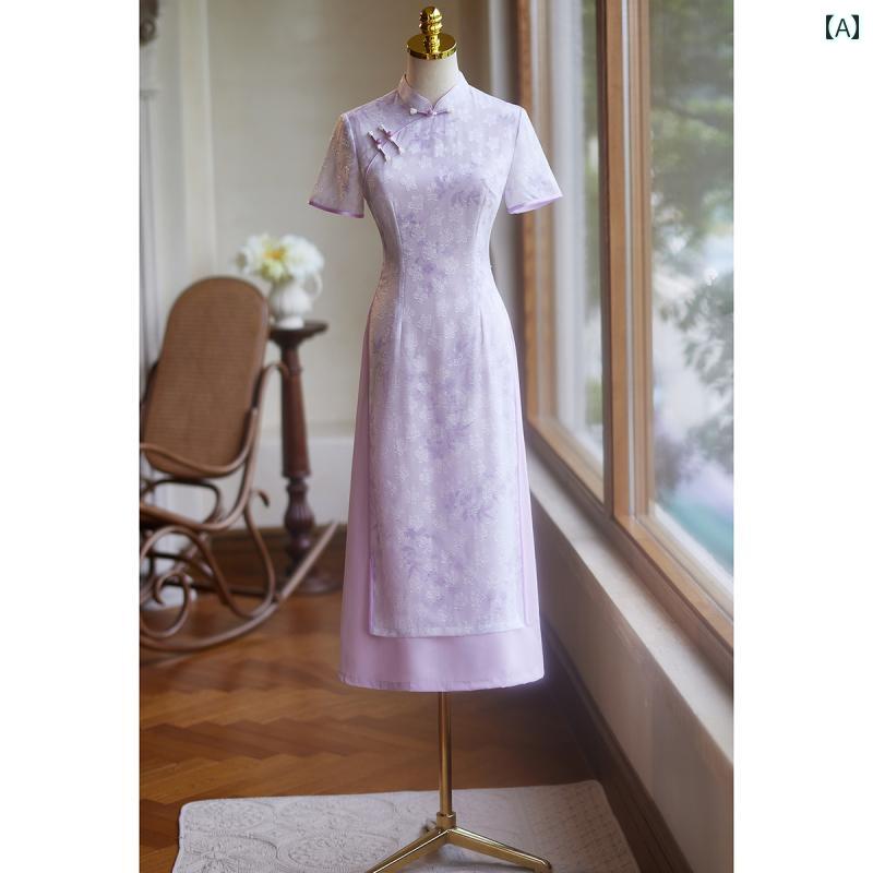 アオザイ チャイナドレス 夏 レディース ワンピース ガーリー ティー フラワー シフォン パープル
