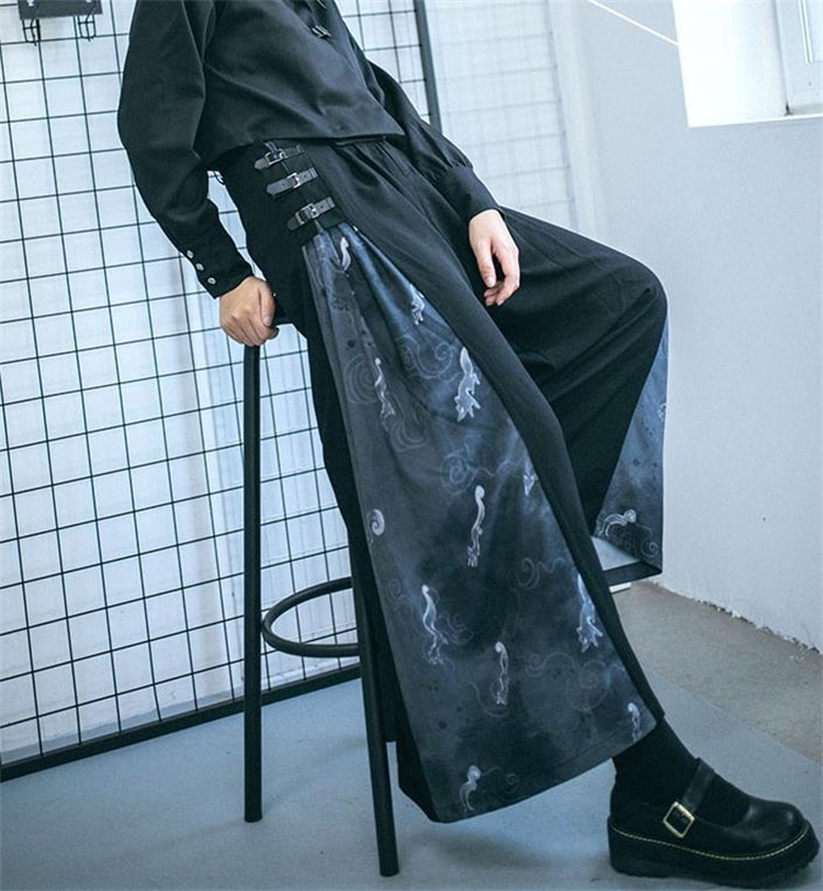 INSスタイル ドレープ 新中国風 改良 黒いロンパン 狐影シリーズ 秋 ワイドパンツ ロングパンツ 柄パンツ