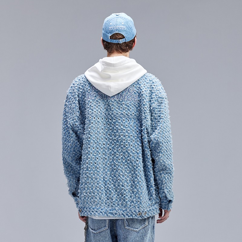 ウォッシュ加工 ライトブルー リップドデニムジャケット メンズ トレンド ブランド カップル アメリカン ヒップホップ 小フレグランス風 刺繍ジャケット