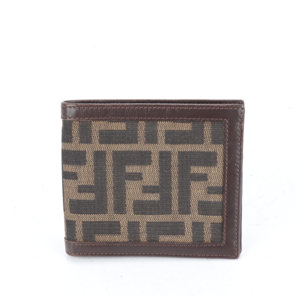美品 ズッカ FF 2289-01445-008 レザー×キャンバス 二つ折り 財布 長財布 二つ折り ウォレット ラウンドファスナー ブラウン 茶色 メンズ EUM CP20-6 中古