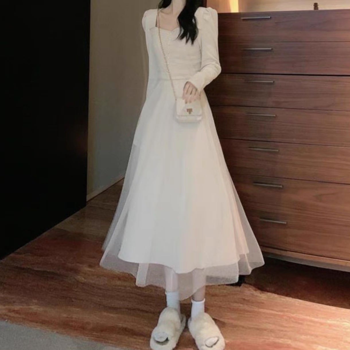 レディース ワンピース フレア ロング 長袖 パフスリーブ バルーン袖 Aライン フェミニン レース チュール ウエストマーク ハイウエスト ボタン ギャザー 異素材ミックス かわいい 大人可愛い