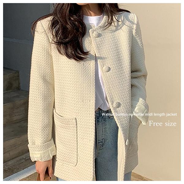 ジャケット アウター ノーカラー ノーカラージャケット クルミボタン ミディ丈 長袖 シンプル 韓国ファッション 春 秋 カジュアル レトロ フェミニン クラシカル