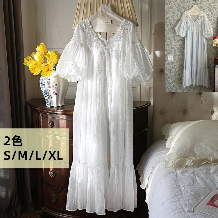 ロングネグリジェ ロング丈 レースジャカード パフスリーブ 半袖 五分袖 綿100％ ルームウェア お姫系 ネグリジェ プリンセス風 夏 半袖 パーフ袖 ネグリジェ 欧風部屋着 ルームウェア 寝間着