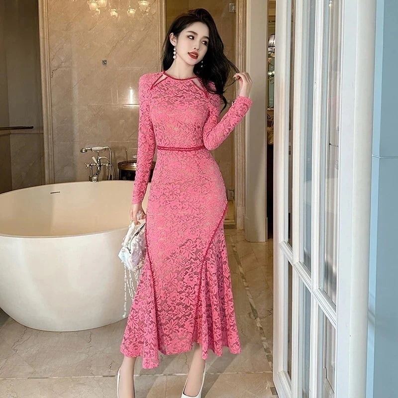 2024 秋 パーティードレス 韓国ファッション レース マーメイド ロングワンピース キャバ 着痩せ 卒業式 結婚式 演奏会 ウェディング 同窓会 発表会 二次会