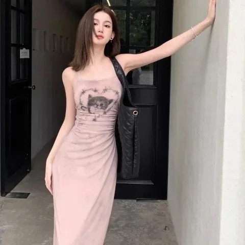 新作 キャミワンピース 猫のキャミソールワンピース夏のウエストロングスカート 百掛け 着痩せ ファッション