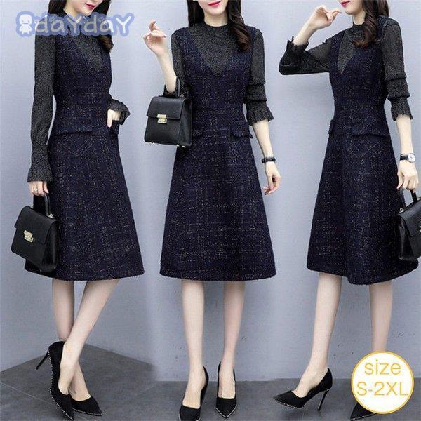 安い商品 今日だけ ワンピース セットアップ風 膝丈 長袖 秋 Aライン 着やせ 丸襟 お洒落 スリム 重ね着 横縞 ハイウエス 通勤 ギフトポイント