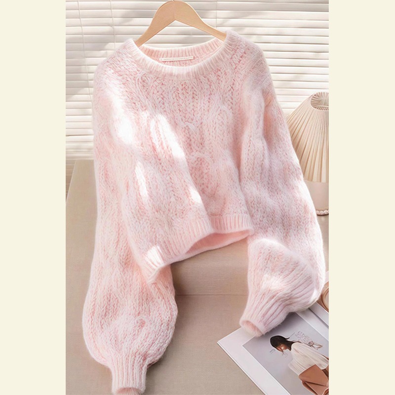 柔らかくて甘いピンクのラウンドネックモヘアセータートップ2024初秋の新作レイジーハイエンドセーター