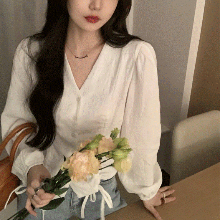 トップス シャツ 袖あり 長袖 パフスリーブ Vネック ストレート Iライン リボン 前開き 2way 薄手 かわいい 大人可愛い きれいめ カジュアル 大人 上品 おしゃれ お洒落 大人可愛い