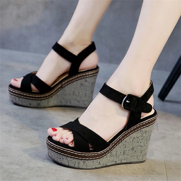 送料無料 ウェッジソール サンダル 厚底 クロスストラップサンダル ヒール10cm シューズ ミュール アンクルストラップ 美脚 オープントゥ ブラック グレー 小さいサイズ 女性 大人 かわいい 夏