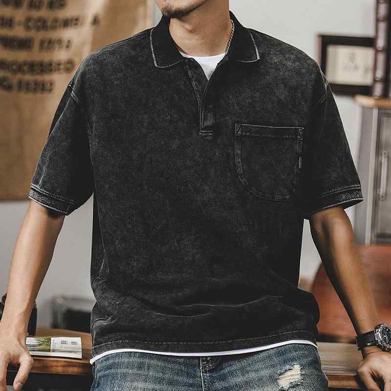 ポロシャツ コットン メンズ アメリカン レトロ 半袖 Tシャツ 男性 夏 ポケット ブラック カーキ パープル ブラウン アーミー グリーン