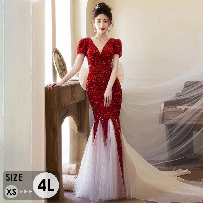 ドレス マーメイドライン ビッグリボン 大人 ピアノ 発表会 ロングドレス 演奏会 演奏会用ドレス ピアノ発表会 結婚式 高校生 パーティードレス 大きいサイズ コンクール イブニングドレス ロング