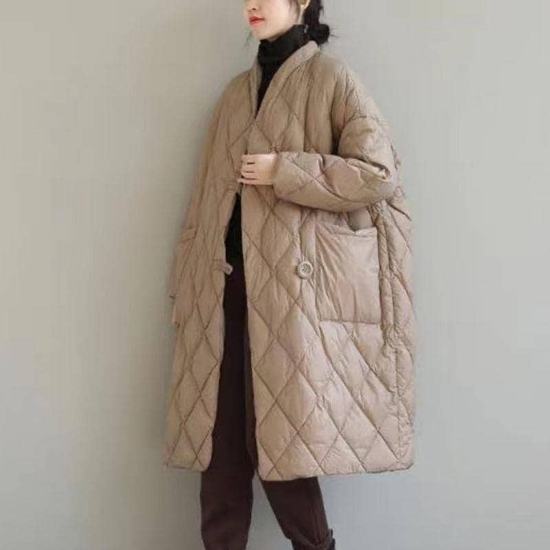 作トレンドダウンコートレディース冬服ロング丈立ち襟ボタンダウン無地秋冬ダウンジャケット厚膝丈ゆったり暖かい保温防寒羽織りアウター軽量