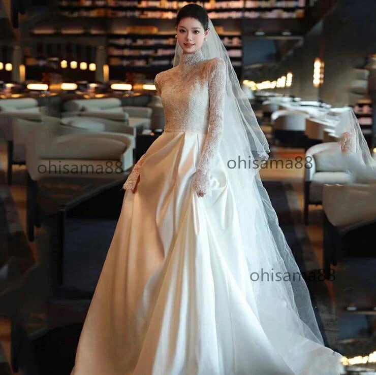 底値お花嫁ドレス きれいめ ロング丈 パーティードレス 披露宴 お姫様 ウェディングドレス 結婚式ドレス フォトウェディング撮影 レース ワンピース 長袖 可愛い 二次会 イブイングドレス ドレス