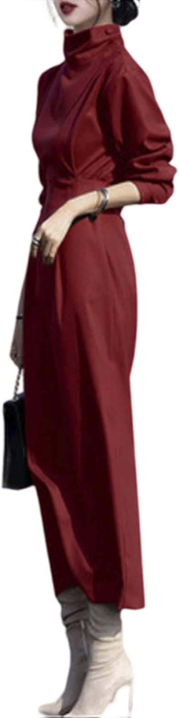 ドレス ハイネック 長袖 エレガント ロング スカート(紅色, L)