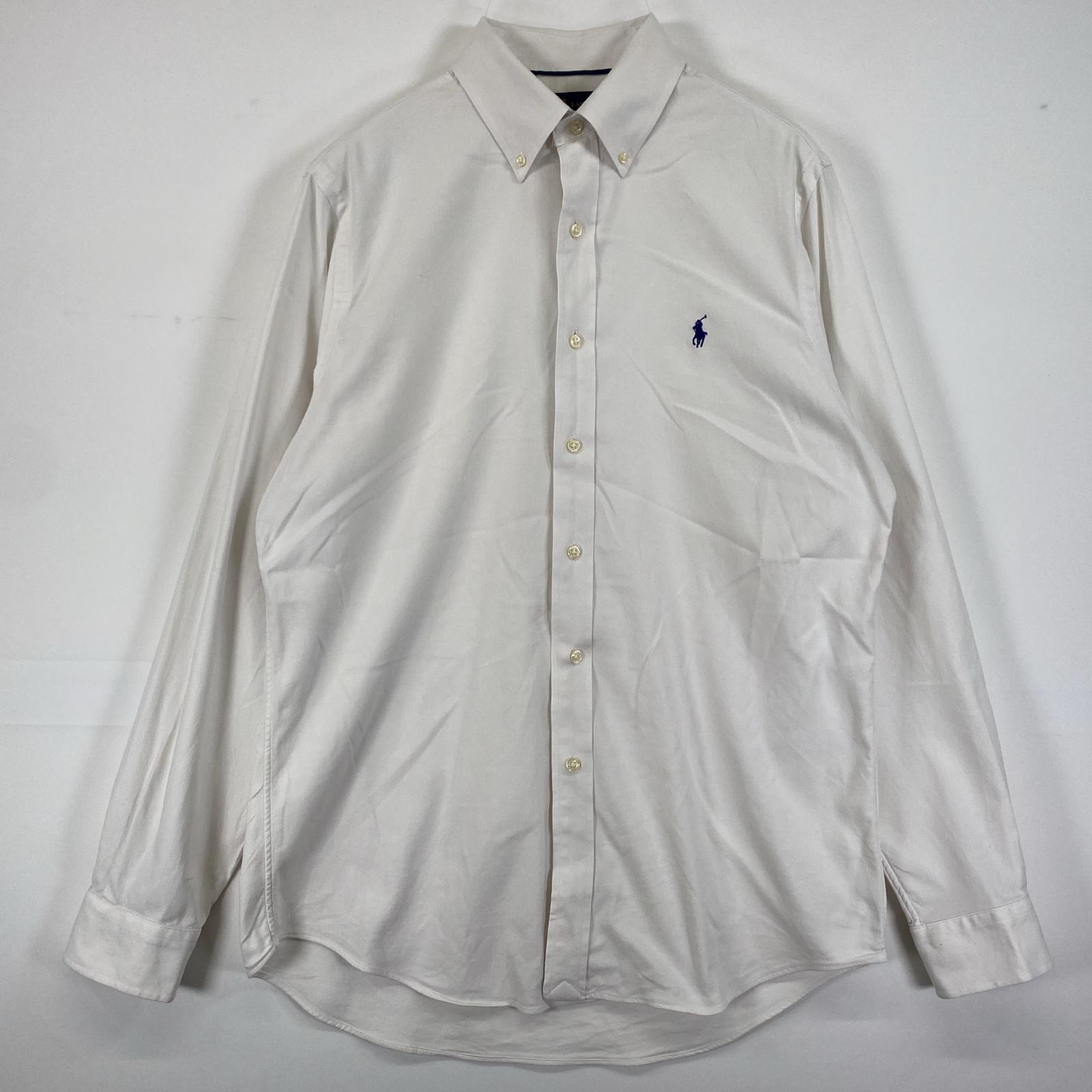 古着 長袖シャツ ボタンダウン ロゴ刺繍 ワンポイント M ホワイト 無地 メンズ