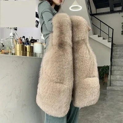 秋冬はキツネの毛皮を模した草ベスト女性の長い毛皮の毛皮のコートベスト