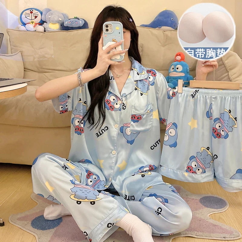 カクレクマノミ パジャマ 女性用 夏用 アイスリボン 胸パッド ワンピース 半袖 かわいい 3点セット 夏用 涼しい アウター