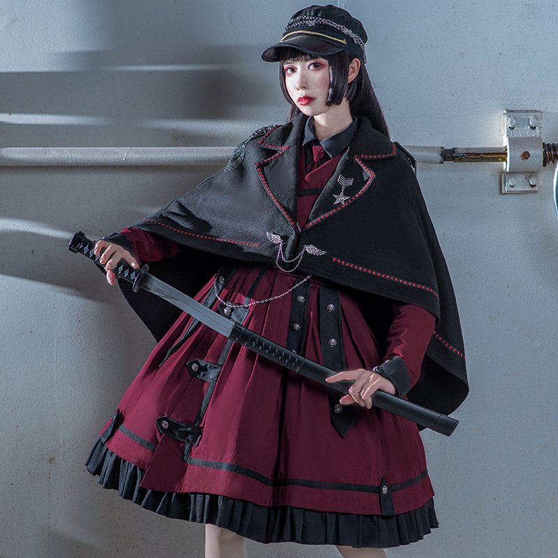 超可爱の コート 秋冬新作 セット 軍服 ワンピース ロリータ クラシック 制服 ゴスロリ 軍ロリ ロリィタ その他  color:ワインレッド＆ブラック - aegis.qa