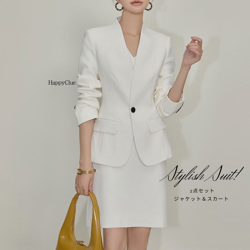 セットアップ エレガント 上品 ワンピーススーツ 白 レディース スーツ 30代 40代 卒業式 入学式 カジュアル スーツ 洗える スーツセット 長袖ジャケット＆ワンピース 2点セット 春 夏 秋