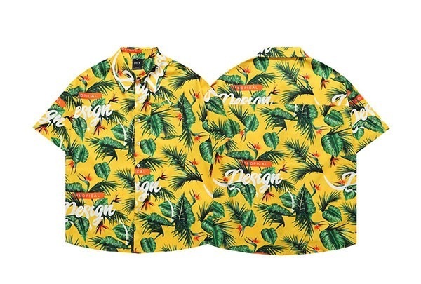 トップスシャツブラウス総柄 シャツ リーフ柄 夏物 ペアルック 半袖 男女兼用 レディース 葉っぱ柄 ハワイアン ヴィンテージ風 開襟シャツ ボタニカル柄 アロハシャツ オープンカ シンプルデザイ