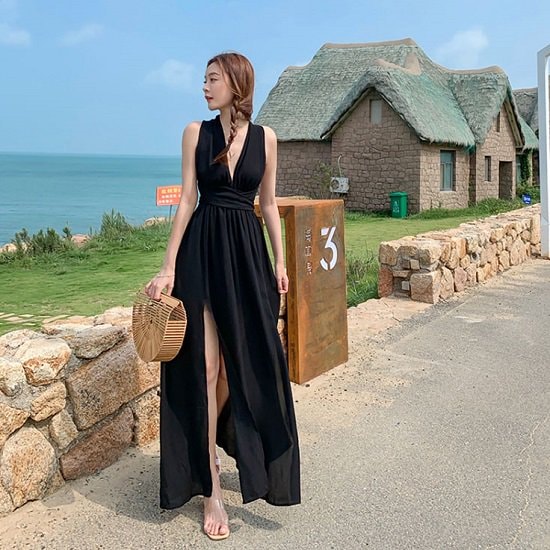 【取寄：納期2週間】リゾートワンピース レディース 夏 ビーチ バックシャン 背中見せ 肩出し リボン バックリボン ハイウエスト フレアスカート バッククロス タイト スリット セクシー