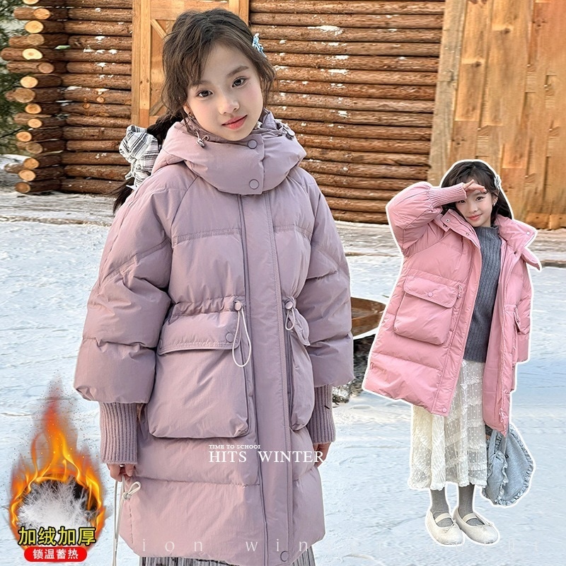 ガールズダウンジャケット 2025 冬の新韓国スタイルロングルーズウエスト厚く暖かいホワイトダックダウンフード付きジャケット